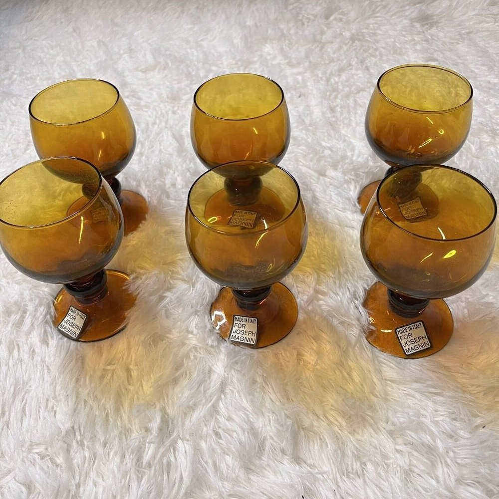 Vintage Mid Century Modern Amber Glass Hand Blown Brandy Snifter Set of 6
